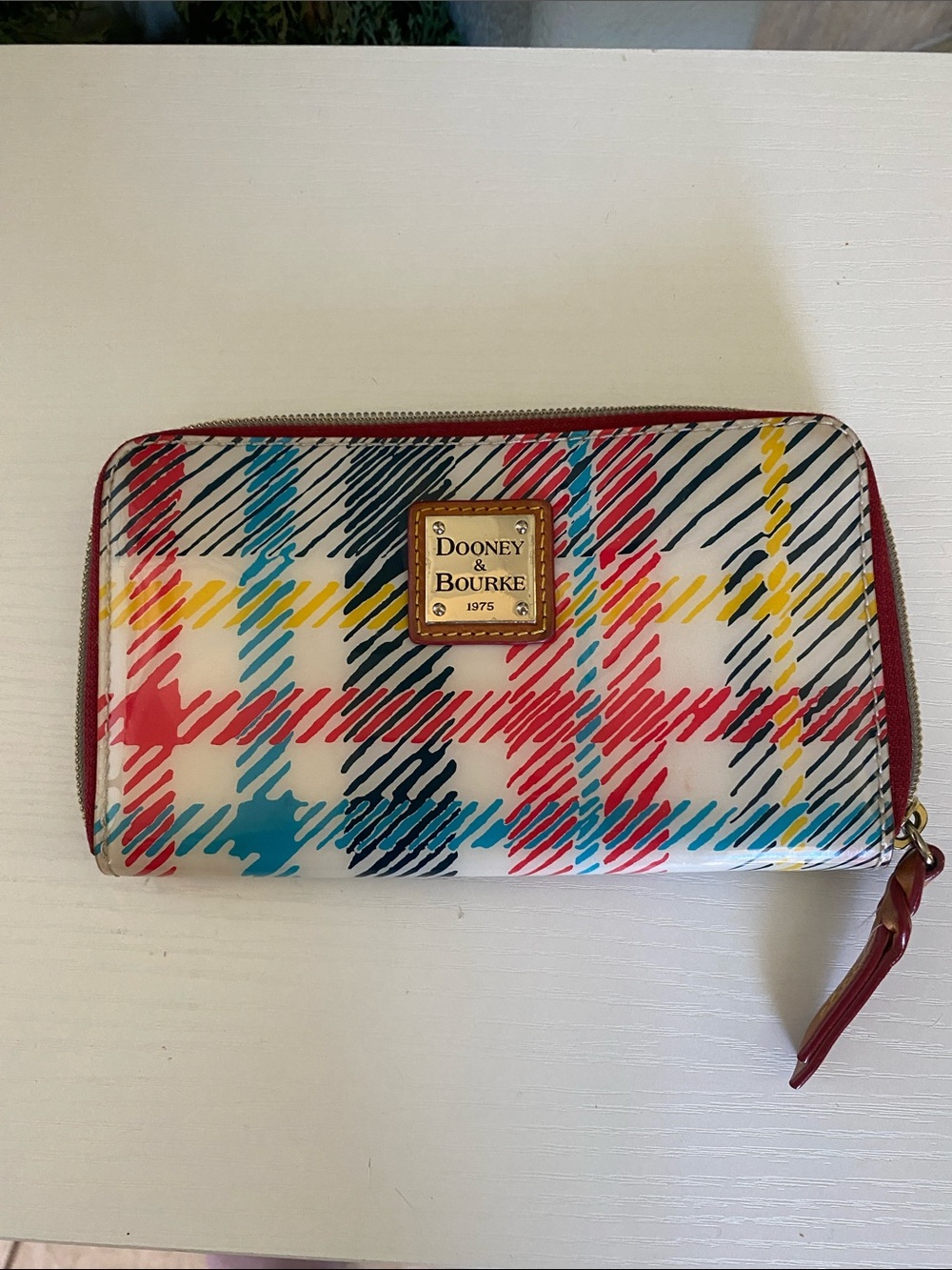 Dooney & Bourke Multicolor Plaid Zip Wallet with Red Trim